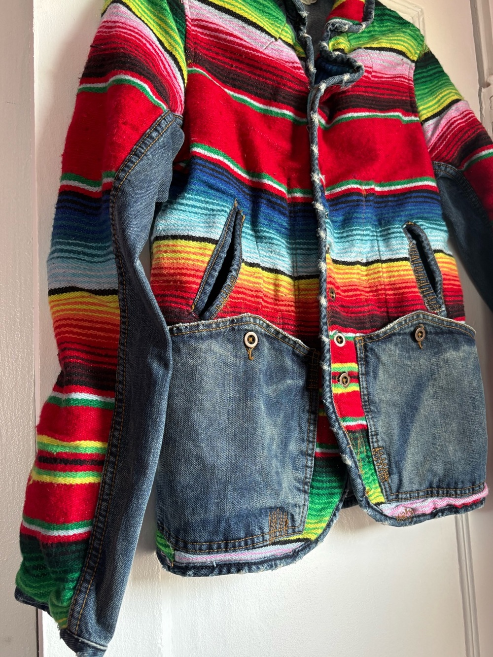 Free People ADL Serape Blanket Denim Mixed Media Patchwork Jacket Boho XS - Picture 2 of 8